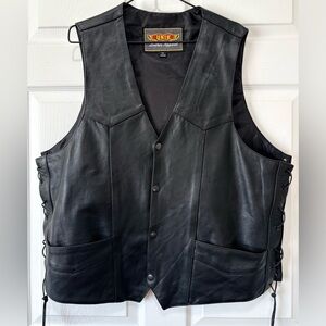 Men’s UNIK Black Leather Adjustable Lace Up Vest Biker Motorcycle Size XL
